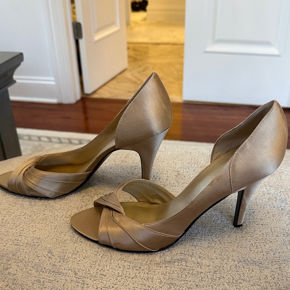 Nine West Satin Knotted Open-Toe Heels in Champagne Gold
